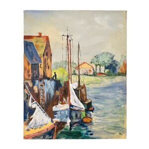 🎉PRICE REDUCED🎉 Nautical SAILBOATS AT DOCK Canvas Painting‎ 1974 Signed 20x16